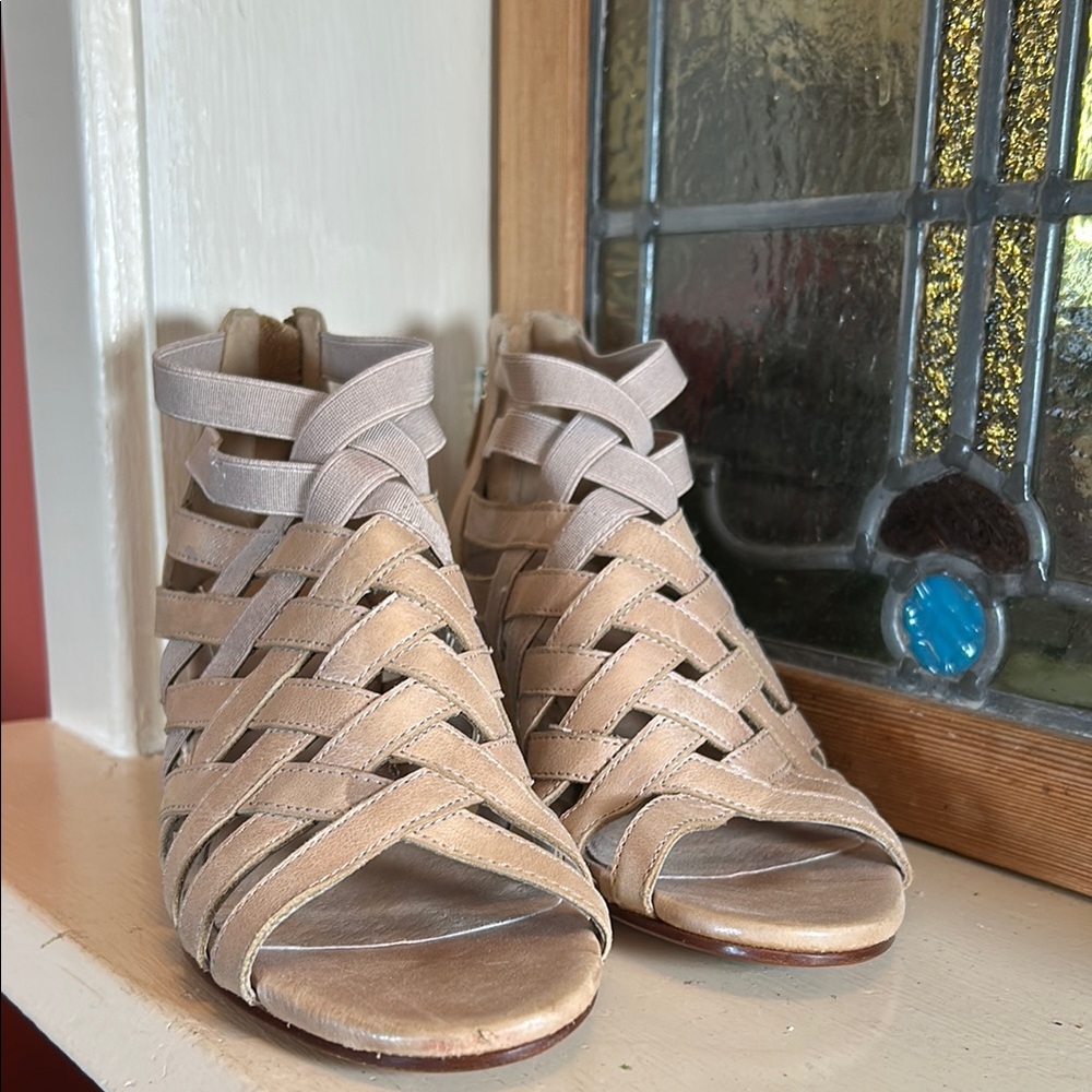 Eileen Fisher Tan Sandals with Intricate Cut-Outs and Ankle Height